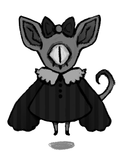 A drawing of a grey, one-eyed, floating sphynx cat.